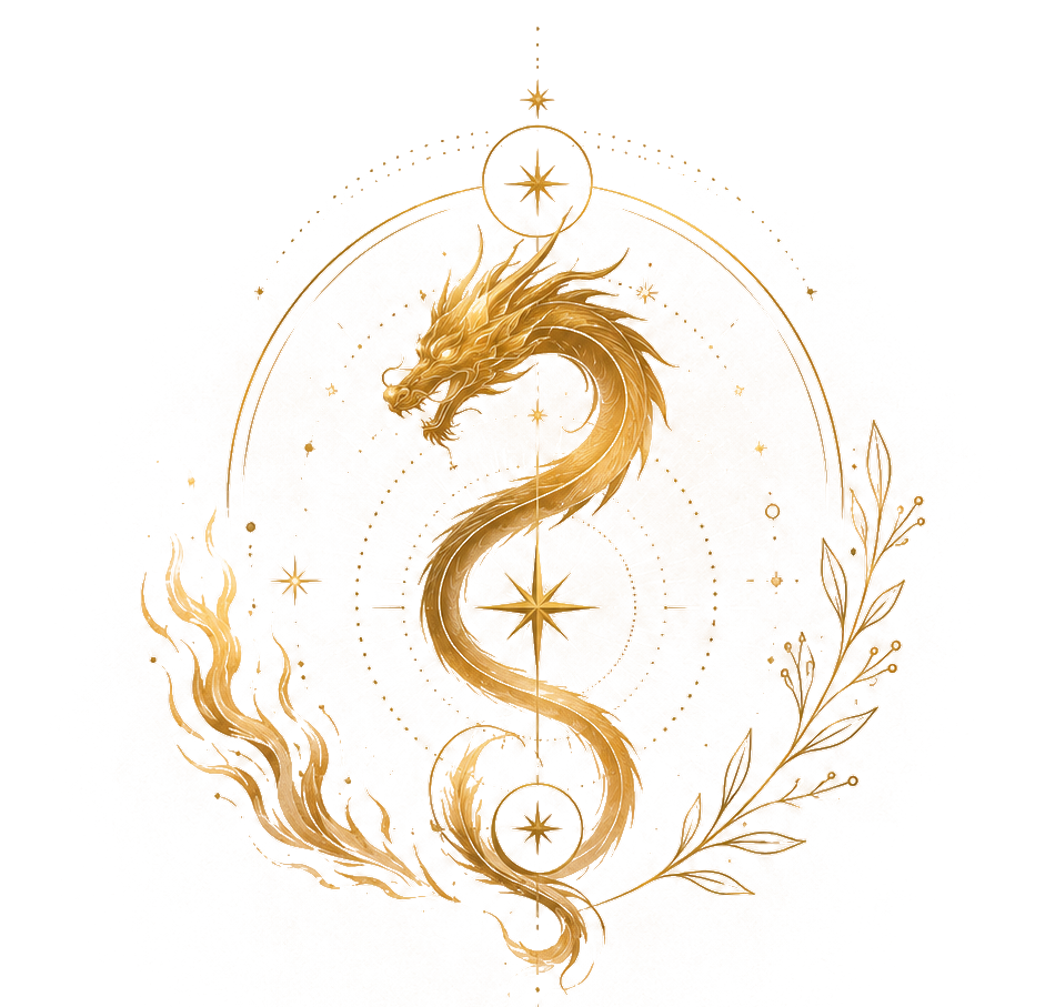 Emblema dourado da Astrologia dos Nós da Alma: dragão serpenteante dentro de uma roda astrológica, entre chamas e ramos botânicos